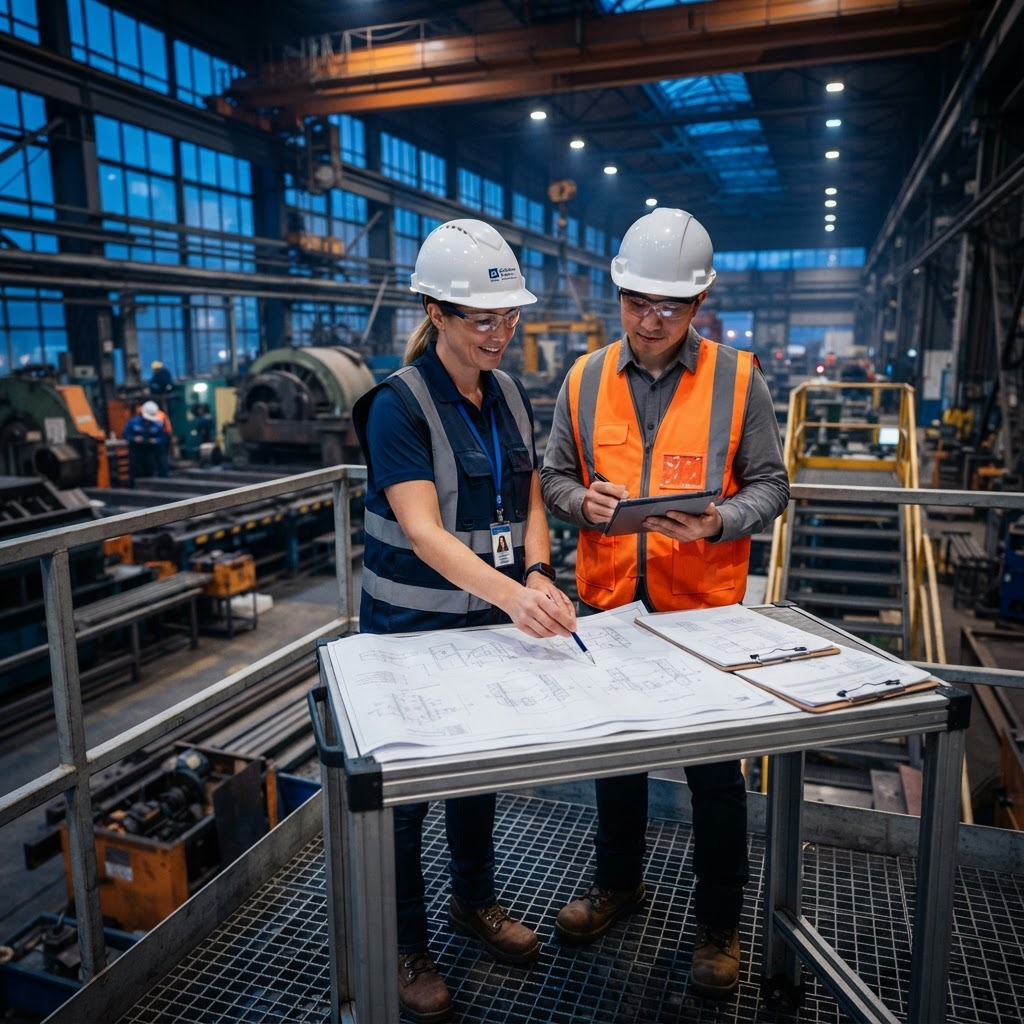 Engineers reviewing plans at an industrial site